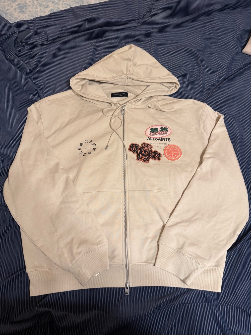 AllSaints Beige Graphic Zip Hoodie with Logo Patches